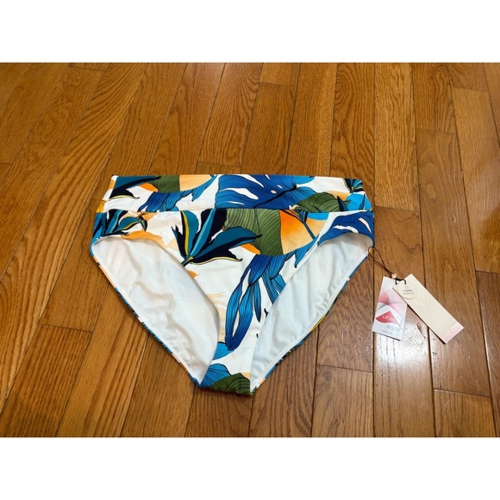 Callia Womens XXL High Rise Swim Bottom Botanical Print White Wide Banded NWT‎